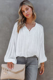 LC2553193-1-S, LC2553193-1-M, LC2553193-1-L, LC2553193-1-XL, LC2553193-1-2XL, White Solid Color V Neck Balloon Sleeve Shirt