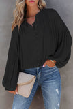 LC2553193-2-S, LC2553193-2-M, LC2553193-2-L, LC2553193-2-XL, LC2553193-2-2XL, Black Solid Color V Neck Balloon Sleeve Shirt