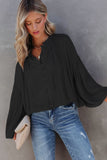 LC2553193-2-S, LC2553193-2-M, LC2553193-2-L, LC2553193-2-XL, LC2553193-2-2XL, Black Solid Color V Neck Balloon Sleeve Shirt