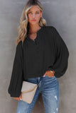 LC2553193-2-S, LC2553193-2-M, LC2553193-2-L, LC2553193-2-XL, LC2553193-2-2XL, Black Solid Color V Neck Balloon Sleeve Shirt