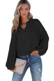 LC2553193-2-S, LC2553193-2-M, LC2553193-2-L, LC2553193-2-XL, LC2553193-2-2XL, Black Solid Color V Neck Balloon Sleeve Shirt