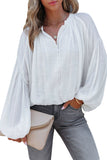 LC2553193-1-S, LC2553193-1-M, LC2553193-1-L, LC2553193-1-XL, LC2553193-1-2XL, White Solid Color V Neck Balloon Sleeve Shirt