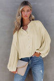 LC2553193-18-S, LC2553193-18-M, LC2553193-18-L, LC2553193-18-XL, LC2553193-18-2XL, Apricot Solid Color V Neck Balloon Sleeve Shirt