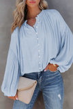 LC2553193-4-S, LC2553193-4-M, LC2553193-4-L, LC2553193-4-XL, LC2553193-4-2XL, Sky Blue Solid Color V Neck Balloon Sleeve Shirt