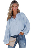 LC2553193-4-S, LC2553193-4-M, LC2553193-4-L, LC2553193-4-XL, LC2553193-4-2XL, Sky Blue Solid Color V Neck Balloon Sleeve Shirt