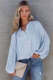 LC2553193-4-S, LC2553193-4-M, LC2553193-4-L, LC2553193-4-XL, LC2553193-4-2XL, Sky Blue Solid Color V Neck Balloon Sleeve Shirt