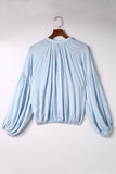 LC2553193-4-S, LC2553193-4-M, LC2553193-4-L, LC2553193-4-XL, LC2553193-4-2XL, Sky Blue Solid Color V Neck Balloon Sleeve Shirt