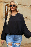 LC2553193-2-S, LC2553193-2-M, LC2553193-2-L, LC2553193-2-XL, LC2553193-2-2XL, Black Solid Color V Neck Balloon Sleeve Shirt