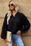 LC2553193-2-S, LC2553193-2-M, LC2553193-2-L, LC2553193-2-XL, LC2553193-2-2XL, Black Solid Color V Neck Balloon Sleeve Shirt