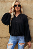 LC2553193-2-S, LC2553193-2-M, LC2553193-2-L, LC2553193-2-XL, LC2553193-2-2XL, Black Solid Color V Neck Balloon Sleeve Shirt