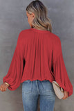 LC2553193-3-S, LC2553193-3-M, LC2553193-3-L, LC2553193-3-XL, LC2553193-3-2XL, Red Solid Color V Neck Balloon Sleeve Shirt