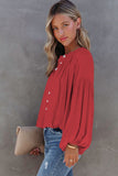 LC2553193-3-S, LC2553193-3-M, LC2553193-3-L, LC2553193-3-XL, LC2553193-3-2XL, Red Solid Color V Neck Balloon Sleeve Shirt