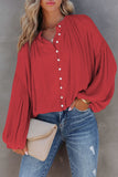 LC2553193-3-S, LC2553193-3-M, LC2553193-3-L, LC2553193-3-XL, LC2553193-3-2XL, Red Solid Color V Neck Balloon Sleeve Shirt