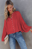 LC2553193-3-S, LC2553193-3-M, LC2553193-3-L, LC2553193-3-XL, LC2553193-3-2XL, Red Solid Color V Neck Balloon Sleeve Shirt