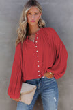 LC2553193-3-S, LC2553193-3-M, LC2553193-3-L, LC2553193-3-XL, LC2553193-3-2XL, Red Solid Color V Neck Balloon Sleeve Shirt