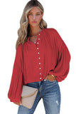 LC2553193-3-S, LC2553193-3-M, LC2553193-3-L, LC2553193-3-XL, LC2553193-3-2XL, Red Solid Color V Neck Balloon Sleeve Shirt