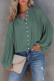 LC2553193-9-S, LC2553193-9-M, LC2553193-9-L, LC2553193-9-XL, LC2553193-9-2XL, Green Solid Color V Neck Balloon Sleeve Shirt