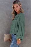 LC2553193-9-S, LC2553193-9-M, LC2553193-9-L, LC2553193-9-XL, LC2553193-9-2XL, Green Solid Color V Neck Balloon Sleeve Shirt