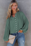 LC2553193-9-S, LC2553193-9-M, LC2553193-9-L, LC2553193-9-XL, LC2553193-9-2XL, Green Solid Color V Neck Balloon Sleeve Shirt