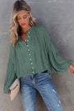 LC2553193-9-S, LC2553193-9-M, LC2553193-9-L, LC2553193-9-XL, LC2553193-9-2XL, Green Solid Color V Neck Balloon Sleeve Shirt