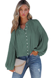 LC2553193-9-S, LC2553193-9-M, LC2553193-9-L, LC2553193-9-XL, LC2553193-9-2XL, Green Solid Color V Neck Balloon Sleeve Shirt