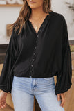 LC2553193-2-S, LC2553193-2-M, LC2553193-2-L, LC2553193-2-XL, LC2553193-2-2XL, Black Solid Color V Neck Balloon Sleeve Shirt