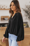 LC2553193-2-S, LC2553193-2-M, LC2553193-2-L, LC2553193-2-XL, LC2553193-2-2XL, Black Solid Color V Neck Balloon Sleeve Shirt