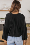 LC2553193-2-S, LC2553193-2-M, LC2553193-2-L, LC2553193-2-XL, LC2553193-2-2XL, Black Solid Color V Neck Balloon Sleeve Shirt