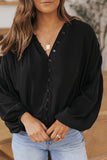 LC2553193-2-S, LC2553193-2-M, LC2553193-2-L, LC2553193-2-XL, LC2553193-2-2XL, Black Solid Color V Neck Balloon Sleeve Shirt