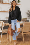 LC2553193-2-S, LC2553193-2-M, LC2553193-2-L, LC2553193-2-XL, LC2553193-2-2XL, Black Solid Color V Neck Balloon Sleeve Shirt