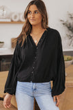 LC2553193-2-S, LC2553193-2-M, LC2553193-2-L, LC2553193-2-XL, LC2553193-2-2XL, Black Solid Color V Neck Balloon Sleeve Shirt