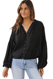 LC2553193-2-S, LC2553193-2-M, LC2553193-2-L, LC2553193-2-XL, LC2553193-2-2XL, Black Solid Color V Neck Balloon Sleeve Shirt