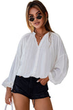 LC2553193-1-S, LC2553193-1-M, LC2553193-1-L, LC2553193-1-XL, LC2553193-1-2XL, White Solid Color V Neck Balloon Sleeve Shirt