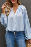 LC2553193-4-S, LC2553193-4-M, LC2553193-4-L, LC2553193-4-XL, LC2553193-4-2XL, Sky Blue Solid Color V Neck Balloon Sleeve Shirt