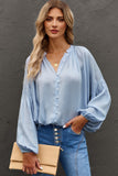 LC2553193-4-S, LC2553193-4-M, LC2553193-4-L, LC2553193-4-XL, LC2553193-4-2XL, Sky Blue Solid Color V Neck Balloon Sleeve Shirt