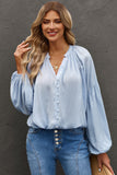 LC2553193-4-S, LC2553193-4-M, LC2553193-4-L, LC2553193-4-XL, LC2553193-4-2XL, Sky Blue Solid Color V Neck Balloon Sleeve Shirt