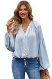 LC2553193-4-S, LC2553193-4-M, LC2553193-4-L, LC2553193-4-XL, LC2553193-4-2XL, Sky Blue Solid Color V Neck Balloon Sleeve Shirt