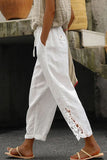 LC7711849-1-S, LC7711849-1-M, LC7711849-1-L, LC7711849-1-XL, White Lace Splicing Drawstring Casual Cotton Pants