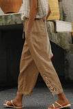 LC7711849-16-S, LC7711849-16-M, LC7711849-16-L, LC7711849-16-XL, Khaki Lace Splicing Drawstring Casual Cotton Pants