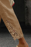 LC7711849-16-S, LC7711849-16-M, LC7711849-16-L, LC7711849-16-XL, Khaki Lace Splicing Drawstring Casual Cotton Pants