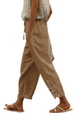 LC7711849-16-S, LC7711849-16-M, LC7711849-16-L, LC7711849-16-XL, Khaki Lace Splicing Drawstring Casual Cotton Pants