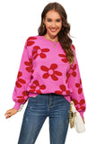 LC2722987-6-S, LC2722987-6-M, LC2722987-6-L, LC2722987-6-XL, Rose Big Flower Knit Ribbed Trim Sweater