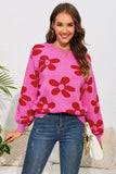 LC2722987-6-S, LC2722987-6-M, LC2722987-6-L, LC2722987-6-XL, Rose Big Flower Knit Ribbed Trim Sweater