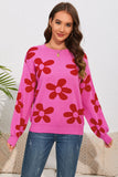 LC2722987-6-S, LC2722987-6-M, LC2722987-6-L, LC2722987-6-XL, Rose Big Flower Knit Ribbed Trim Sweater