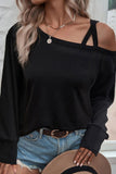 LC25122494-2-S, LC25122494-2-M, LC25122494-2-L, LC25122494-2-XL, Black One Shoulder Long Sleeve Shift Blouse