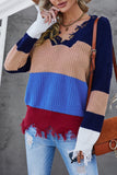 Maglione con orlo grezzo consumato con scollo a V colorblock da donna