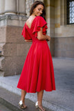 Flared Sleeve Red Dinner Dresses For Ladies