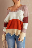 Maglione con orlo grezzo consumato con scollo a V colorblock da donna