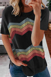 Black Black/Blue/Green/Gray Colorful Wavy Stripes Print Short Sleeve Tee LC2521961-2