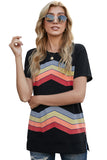 Black Black/Blue/Green/Gray Colorful Wavy Stripes Print Short Sleeve Tee LC2521961-2